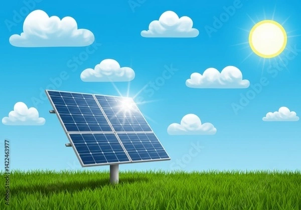 Obraz Stylized illustration of a Solar panel stands on the grass against a blue sky