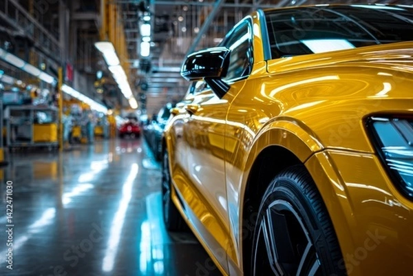 Obraz Bright yellow new car on factory production line showcasing stunning details and cinematic lighting