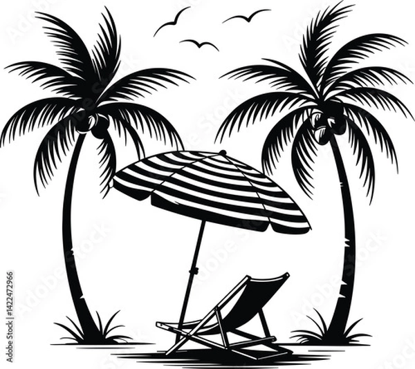 Obraz Palm tree silhouette at sunset. The art of the palm on a white background, summer vector.