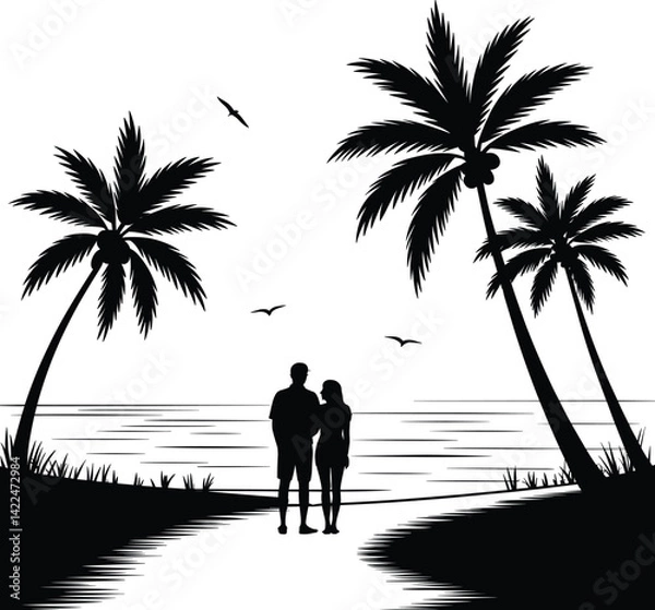 Fototapeta Palm tree silhouette at sunset. The art of the palm on a white background, summer vector.