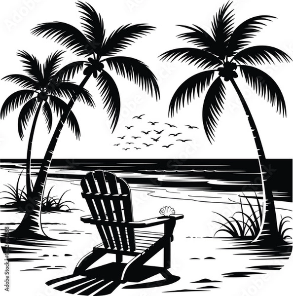 Obraz Palm tree silhouette at sunset. The art of the palm on a white background, summer vector.