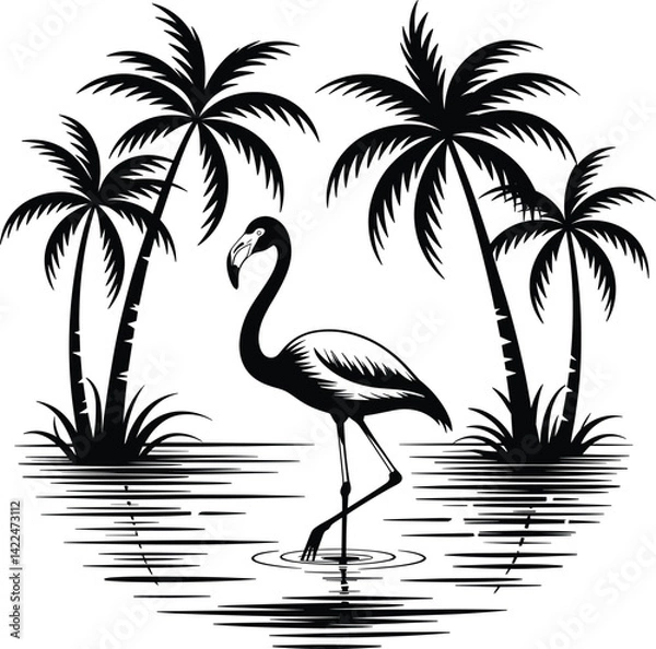 Obraz Palm tree silhouette at sunset. The art of the palm on a white background, summer vector.