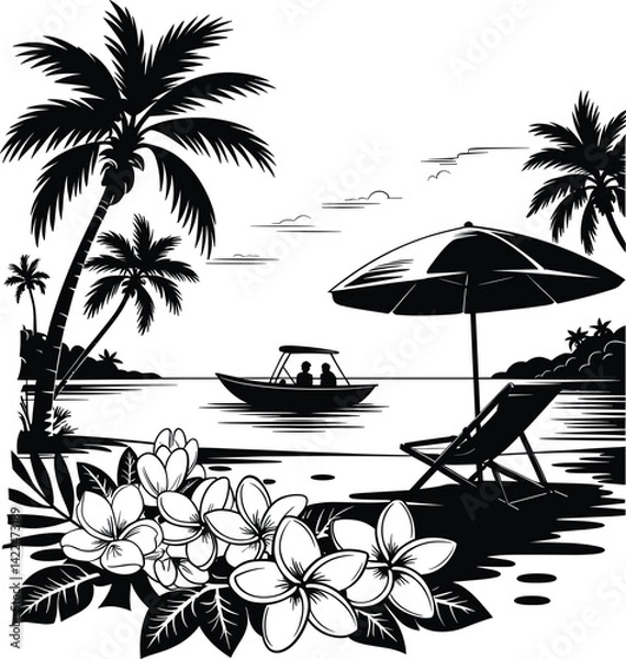 Obraz Palm tree silhouette at sunset. The art of the palm on a white background, summer vector.