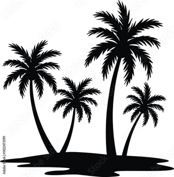 Obraz Palm tree silhouette at sunset. The art of the palm on a white background, summer vector.