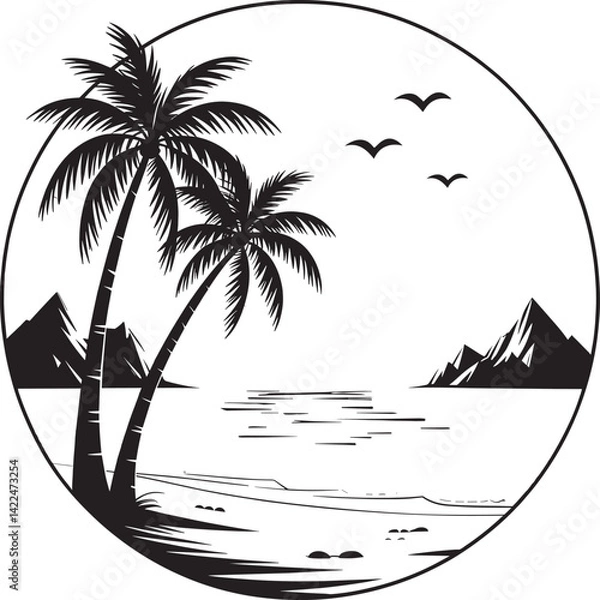 Obraz Palm tree silhouette at sunset. The art of the palm on a white background, summer vector.