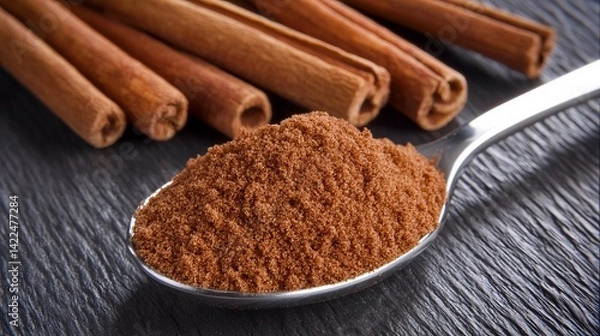 Fototapeta The aromatic cinnamon powder is on a spoon with cinnamon sticks behind it, capturing the essence of warm spices and culinary flavors.