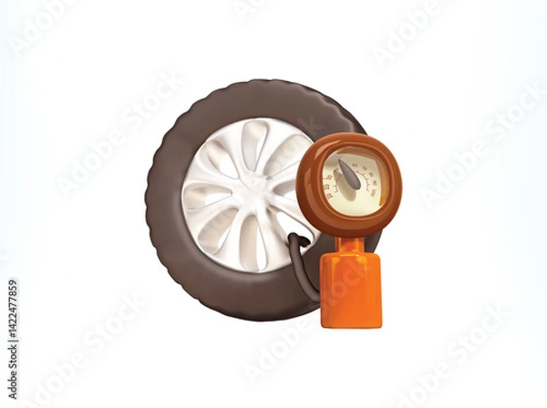 Fototapeta Tire Pressure Gauge and tire vector 3d icon. High Quality 3D Render for Automotive Safety