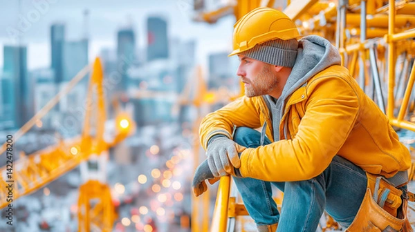 Fototapeta Construction worker taking a break while overlooking a city skyline in winter