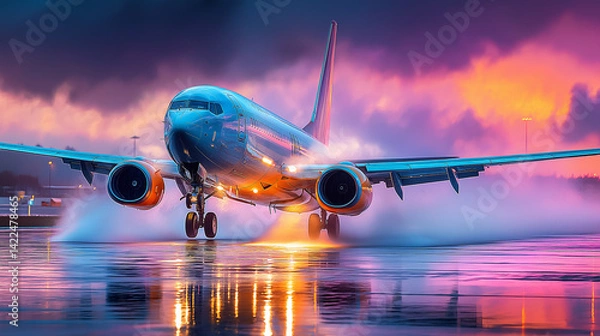 Fototapeta Airplane landing on a wet runway at sunset with dramatic clouds and reflections