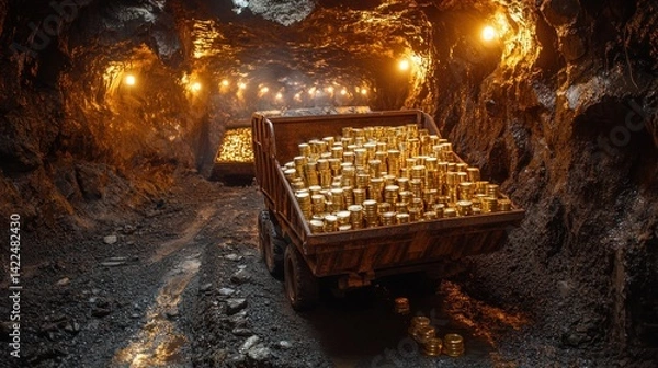 Obraz Trucks overloaded with gold coins inside a dimly lit tunnel, symbolizing wealth and prosperity