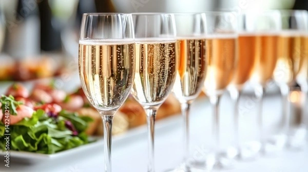 Obraz Elegant champagne glasses filled with sparkling ros?, set on a table with appetizers in a festive setting