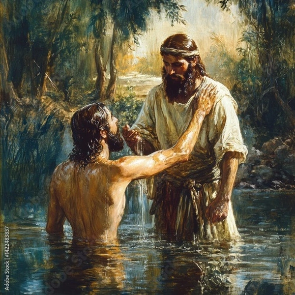 Fototapeta Jesus approaches John the Baptist in Galilee for a significant baptismal moment in the Jordan River during a serene afternoon light