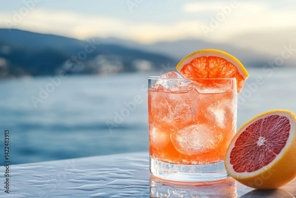 Obraz Elegant pink grapefruit highball cocktail on luxury terrace with stunning sea and mountain views