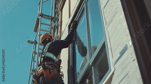 Obraz Construction Worker Installing Window on Building Exterior