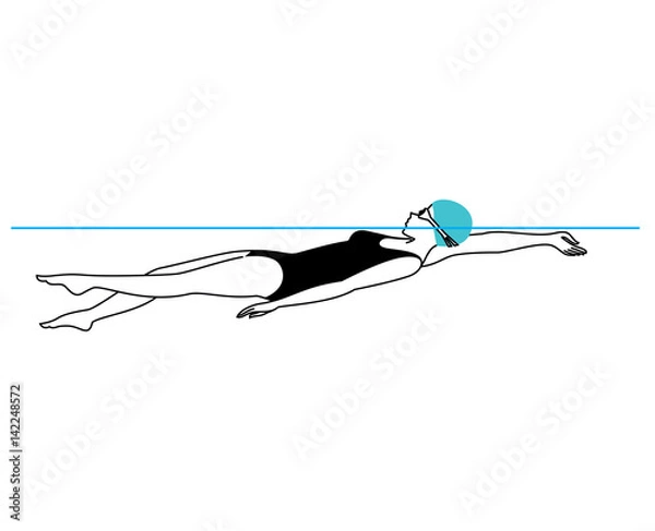 Obraz A woman wearing swimming cap and goggles swimming on the back in the swimming pool. Vector illustration.