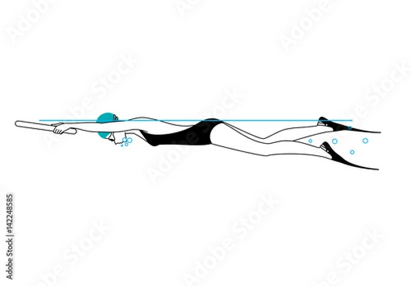 Fototapeta A girl wearing flippers, swimming cap and goggles swimming with a board in the swimming pool. Vector illustration.