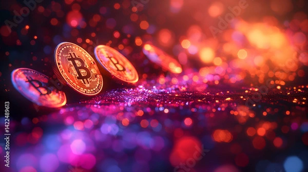 Fototapeta Glowing Bitcoin Coins Red Purple Glitter Background for Finance Tech Investment Theme.