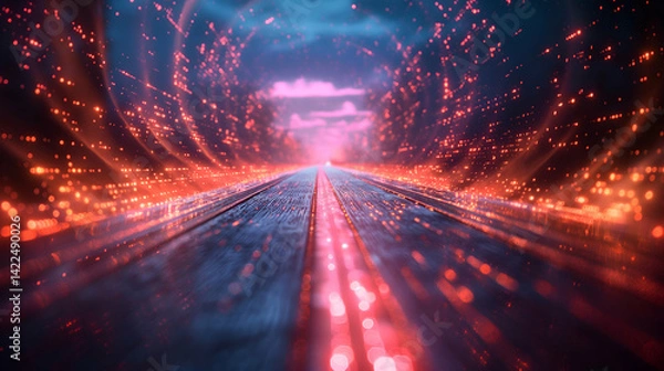 Fototapeta Neon Light Tunnel Red Blue Glowing Particles, Futuristic Tech Background Art.