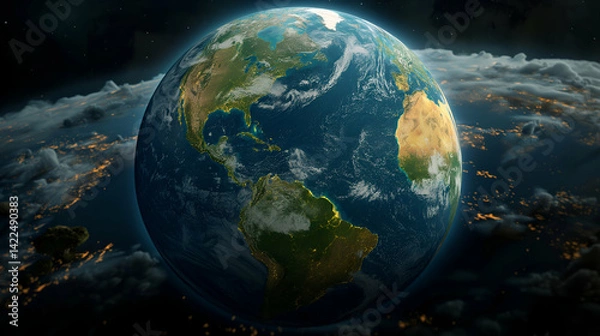 Fototapeta Earth from Space Night Cloud View, Realistic High-Res Planet Render.