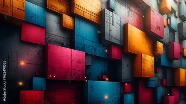 Fototapeta 3D Color Cubes Geometric Pattern Background, Modern Shiny Block Design.