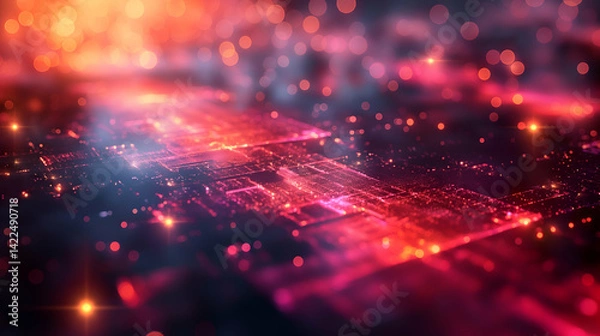 Fototapeta Digital Network Glow Red Blue Tech Background, Elegant Futuristic Design.