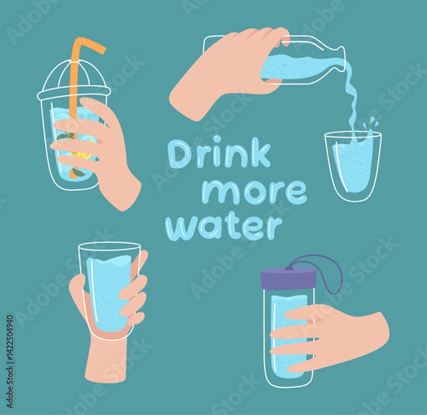 Fototapeta Vector illustration of a hand holding a glass water bottle, perfect for promoting hydration and healthy lifestyles.