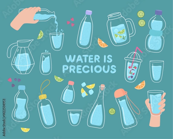 Fototapeta Vector scribble illustration of a cute water bottle on an emerald background, with a fun graphic design and bright colors