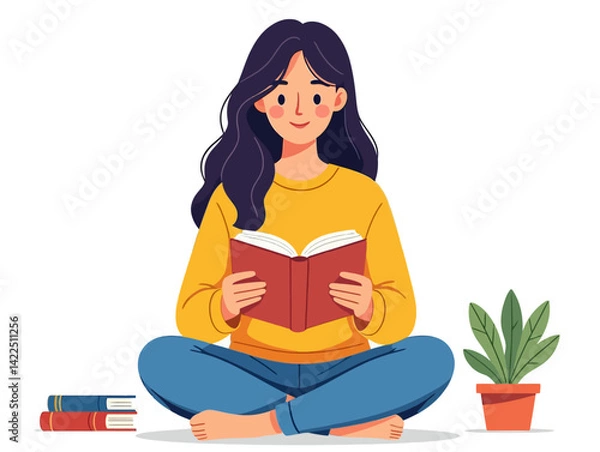 Fototapeta Cozy vector illustration of person reading book. Perfect for library promotions, education sites, and relaxation concepts. Cross-legged pose.