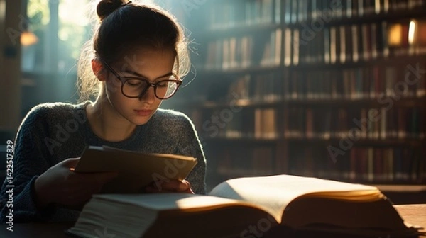 Obraz A student reading a thick textbook in a quiet library --ar 16:9 --v 6.1 Job ID: b7e45861-7d9d-4681-88dd-9a76e6c9d318