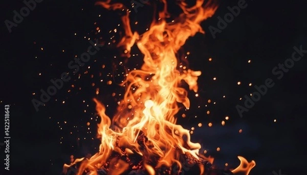 Fototapeta Fiery flames dancing in the dark