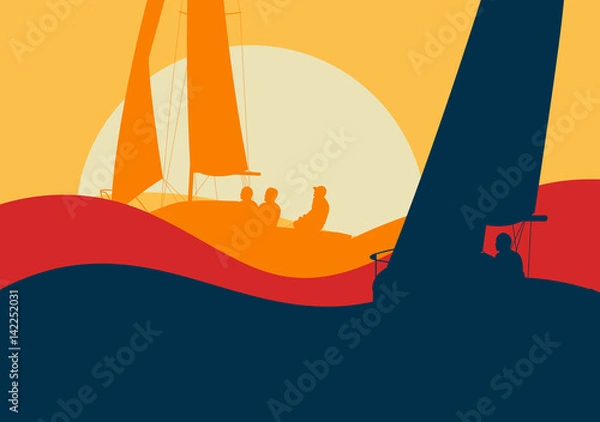 Fototapeta Yachts sailing regatta ocean landscape with sunset