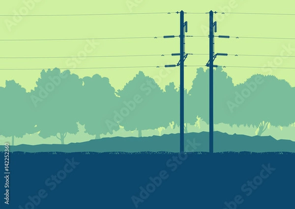 Obraz Energy distribution high voltage power line tower sunset landscape with wires and trees vector