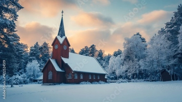 Obraz A stunning Nordic wooden church covered in snow --ar 16:9 --v 6.1 Job ID: 99742dca-371d-4332-afa2-243d7ffe5234
