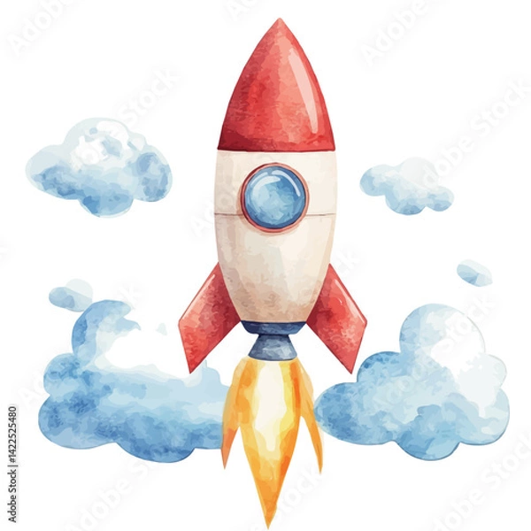 Fototapeta Paper Rocket Flying Through Cloud Shapes, vector watercolor illustration, isolated on a white background.