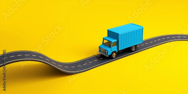 Obraz A Serene Blue Delivery Truck Navigating a Winding Yellow Road: A Miniature 3D Render of Effortless Transportation and Delivery Services, Symbolizing Smooth Journeys and Reliable Logistics.