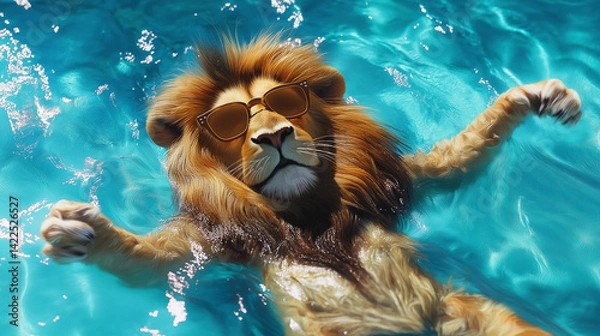 Fototapeta Majestic Lion in a Serene Aquatic Escape: A regal adult male lion, approximately 8-10 years old, with a thick, golden mane, enjoys a leisurely float in a vibrant turquoise pool, showcasing a relaxed