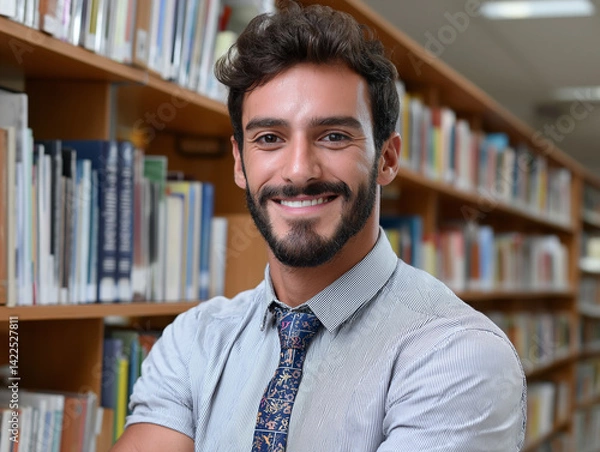 Fototapeta A Portrait of a Smiling Man in his Early 30s, Confident and Approachable, Wearing a Light Blue Button-Down Shirt and a Patterned Tie, in a Serene Library Setting, Embodying Knowledge, Learning, and