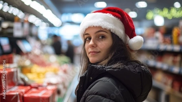Obraz A supermarket cashier wearing a Santa hat during the holiday rush --ar 16:9 --v 6.1 Job ID: 2ab81d55-b573-4946-88e7-47fa27076de3