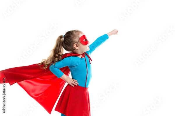 Fototapeta Little girl superhero in a red cloak and mask isolated on white background.