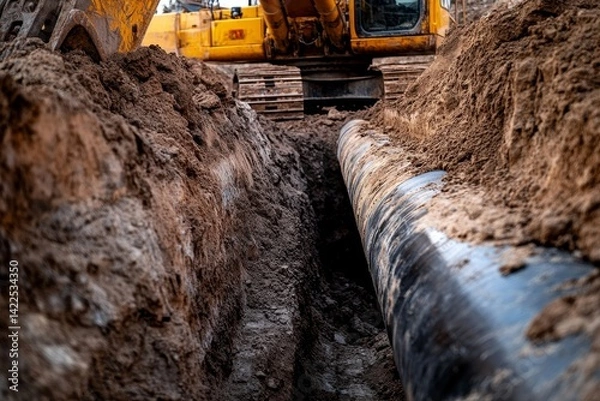 Fototapeta Close up of excavator digging trench for water main pipe at construction site with machinery