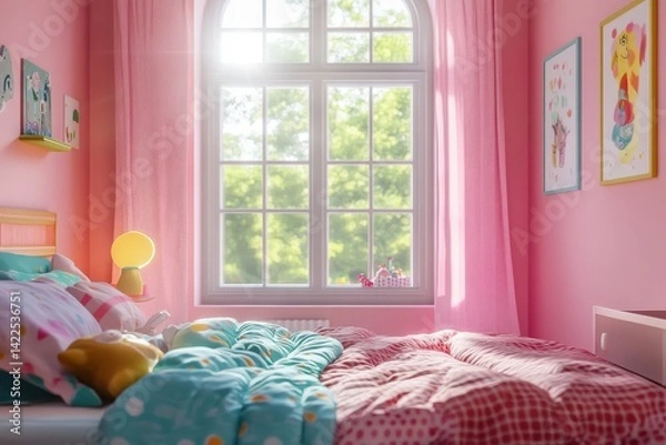 Obraz Bright and cheerful children s bedroom with pink walls and colorful bed linens in scandinavian style