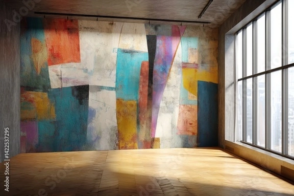 Obraz Vibrant abstract wall art in minimalist room with wooden flooring and expansive window view