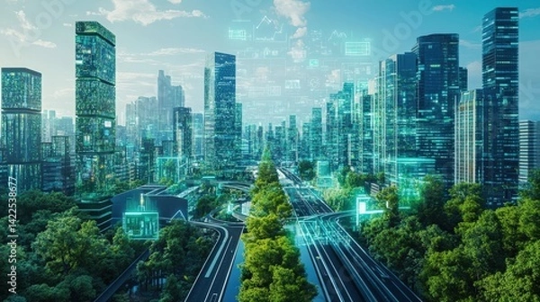 Fototapeta A futuristic city with integrated technology and green spaces