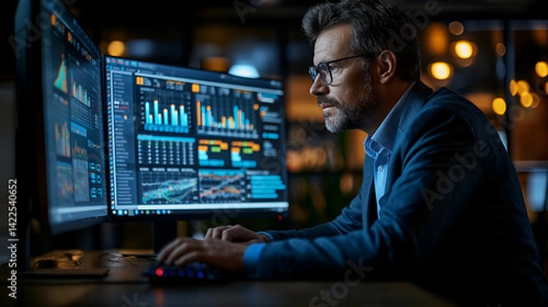 Fototapeta Stock Market Analysis Businessman Studying Financial Data on Computer Screens at Night.