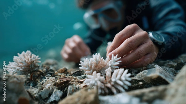 Fototapeta Ocean conservation plastic balanceDiver examines coral in ocean highlighting conservation efforts to maintain balance in marine ecosystems