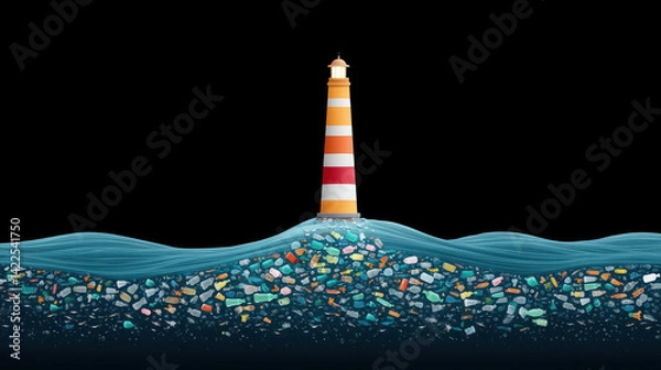 Fototapeta Ocean conservation plastic balancelighthouse stands tall amidst ocean of plastic highlighting conservation balance