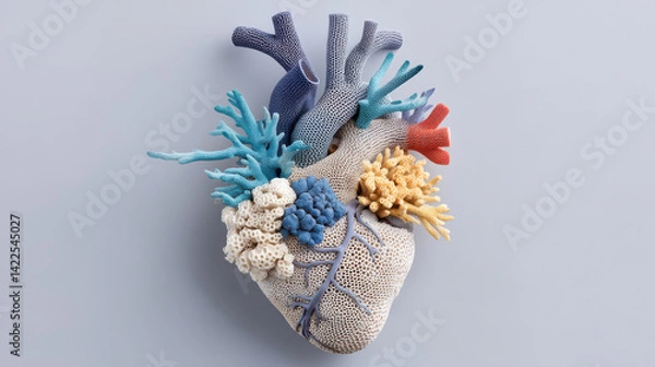 Fototapeta Ocean conservation plastic balanceheart shaped sculpture made of colorful coral pieces highlights ocean conservation and balance of nature