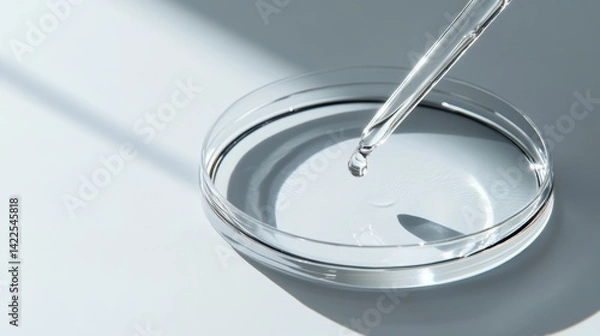 Obraz Retinol serum is poured from a dropper onto a petri dish.  The photo shows strong shadows against a white background.  This is a sample of skincare product.
