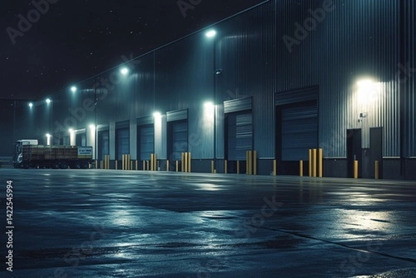 Obraz Nighttime Industrial Building Exterior with Truck and Loading Docks