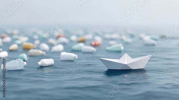 Fototapeta Ocean conservation plastic balancepaper boat floats amid plastic bottles in ocean highlighting conservation and balance